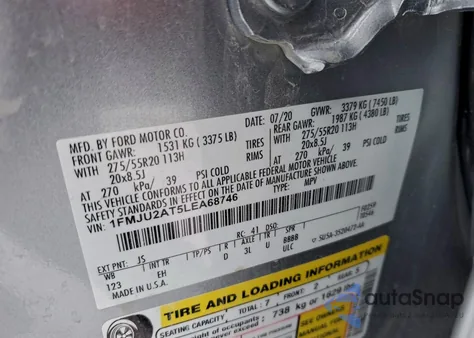 2020 Ford Expedition Limited z USA, uszkodzony, nr VIN 1FMJU2AT5LEA68746